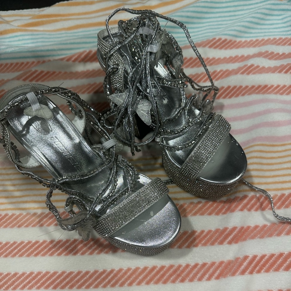 Silver jeweled butterfly lace up platform heels size 7